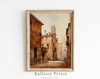 Vintage Italian Cityscape Print, Rustic European Street, Tower Architecture (Digital Download)