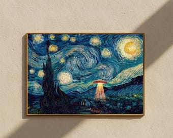 Starry Night UFO Art Print, Van Gogh Inspired Sci-Fi (Digital Download)