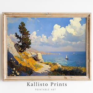 Mediterranean Coastal Landscape Art Print, Sunny Seaside Painting, Nautical Wall Decor, Beach House Artwork, Travel-Inspired Home Decor 1138