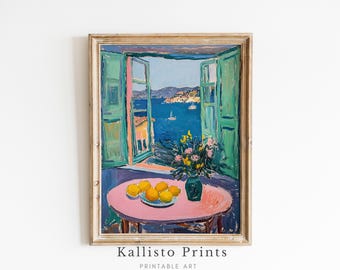 Mediterranean Window View Art Print, Coastal Landscape Painting (Digital Download)