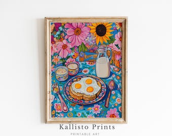 Floral Breakfast Still Life Print, Whimsical Kitchen Decor (Digital Download)