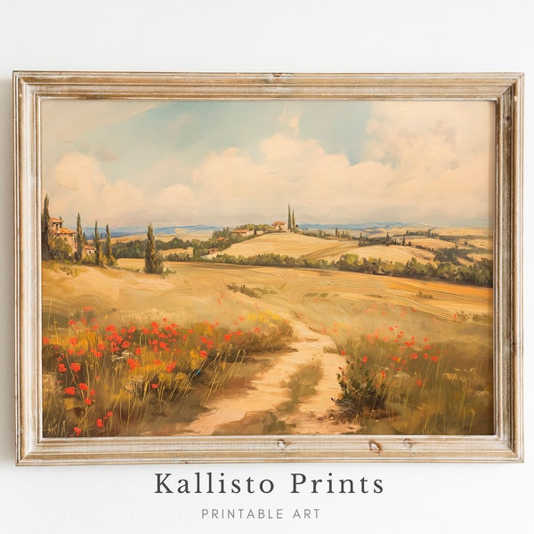 Rolling Hills of Tuscany Print, Warm Summer Landscape Art, Italian Countryside Path Painting, Scenic Tuscan Fields Wall Decor, Nature Art