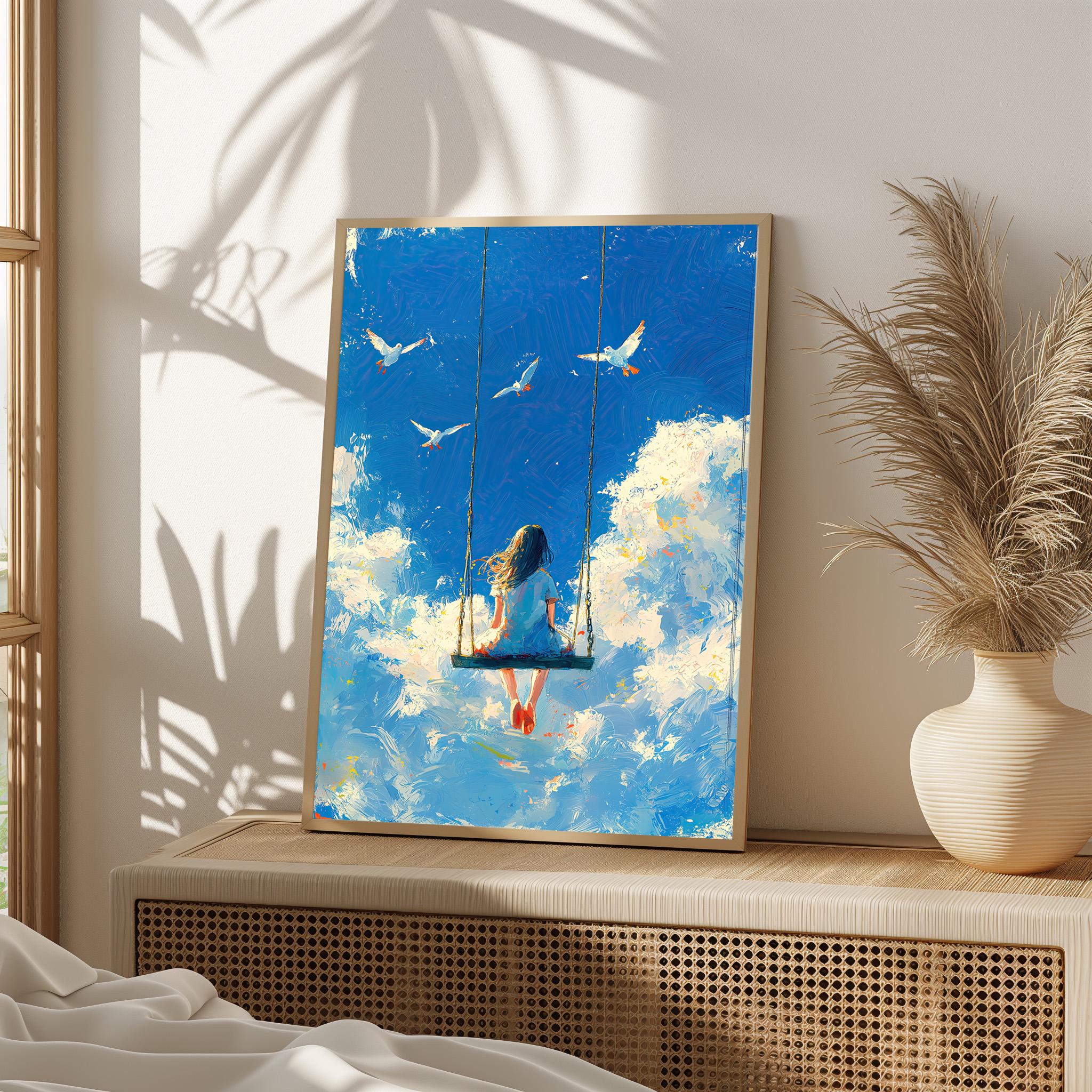 Girl on Sky Swing Art Print, Surreal Cloudscape, Whimsical Home