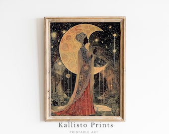 Celestial Goddess Moon Art Print, Ethereal Witchy Decor (Digital Download)