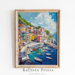 Colorful Coastal Village Art Print - Mediterranean Seaside Wall Decor | Vibrant Impressionist Landscape/558