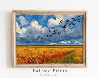 Impresión de campo de trigo inspirada en Van Gogh, paisaje de cielo tormentoso (descarga digital)