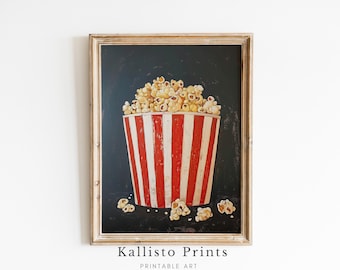 Vintage Popcorn Bucket Art Print, Retro Kitchen Wall Art, Movie Night Decor /416