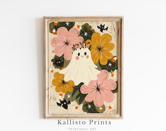 Floral Ghost Halloween Art Print – Pastel Whimsical Decor (Digital Download)