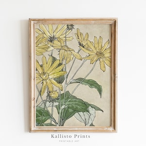 Vintage Botanical Art Print, Yellow Wildflowers Illustration, Rustic Floral Printable Wall Art, Cottagecore Flower Decor for Home/176