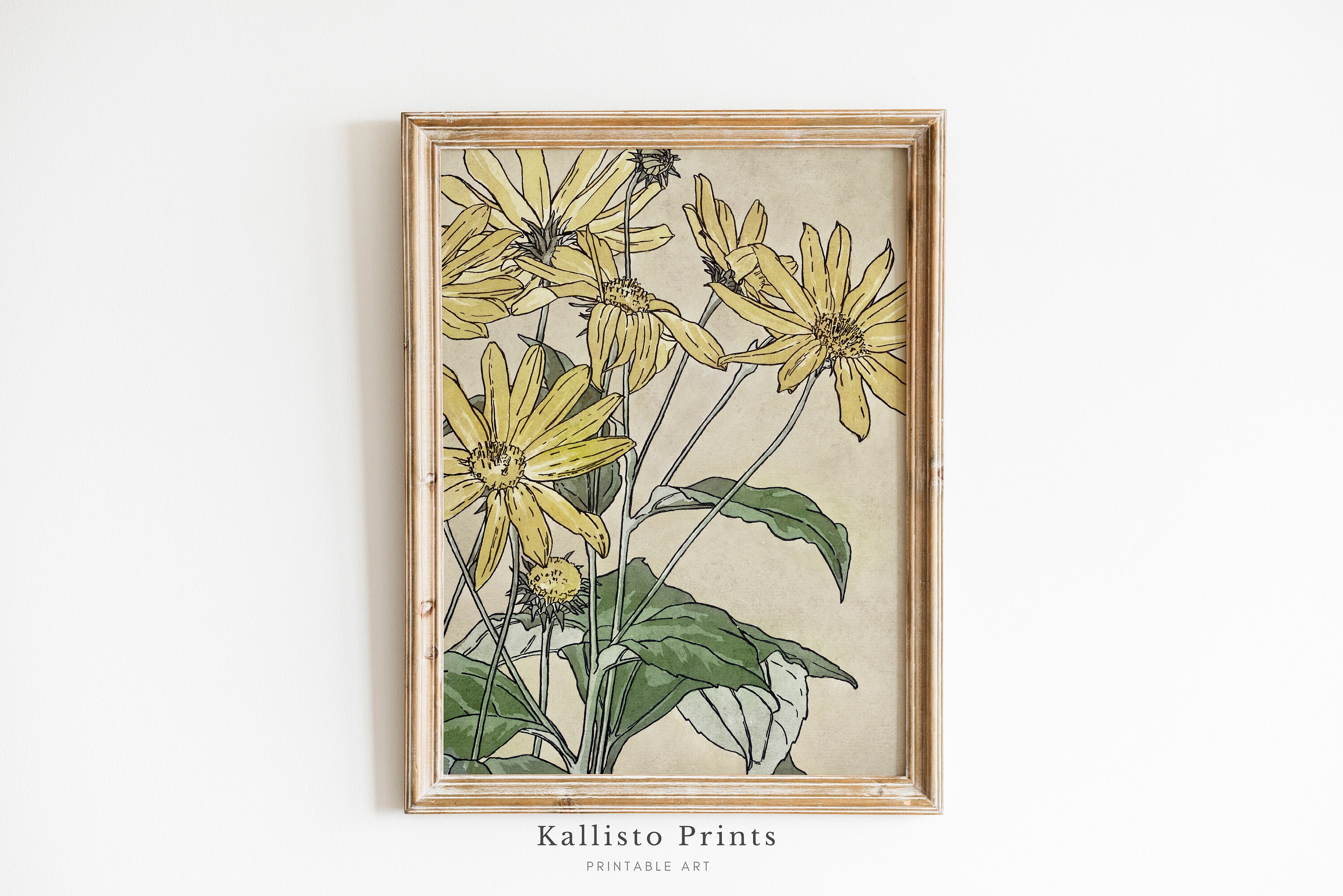Vintage Yellow Wildflowers Botanical Print, Cottagecore Wall Art