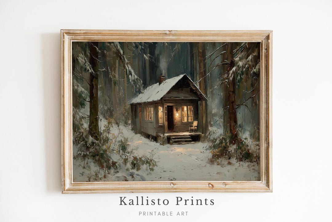 Winter Cabin Art Print – Snowy Forest, Rustic Landscape (digital ...