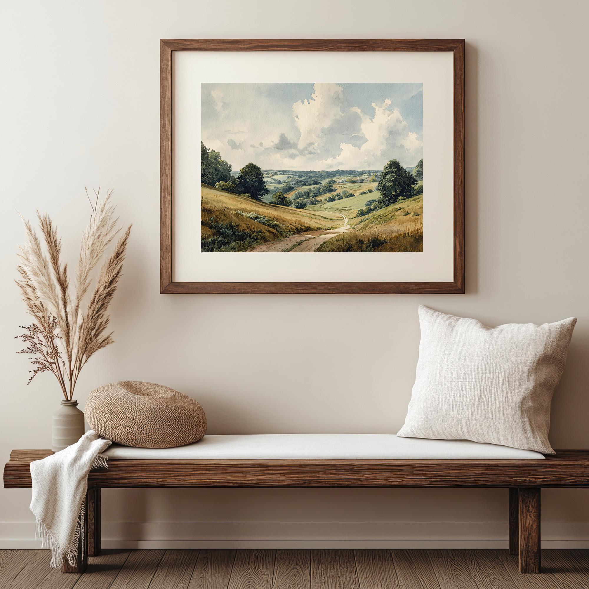 なだらかな丘陵の風景画 - 田園風景の水彩画（デジタルダウンロード