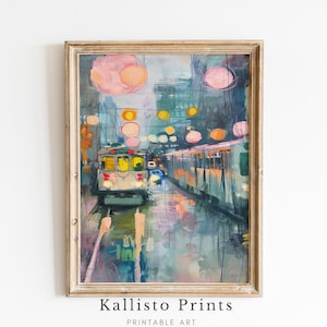 Colorful City Street at Night Wall Art – Abstract Urban Lights Printable, Tram and Reflections Digital Download, Modern Cityscape Decor /362