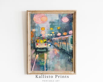 City Street Tram Print – Abstract Night Lights, Urban Decor (Digital Download)