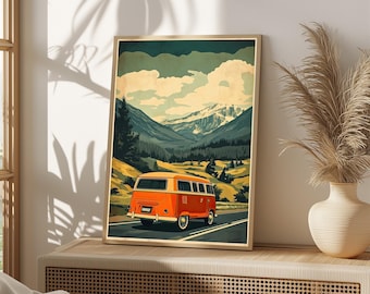 Vintage Camper Van Mountain Road Trip Art Print, Retro Travel Poster, Adventure Wall Art, Digital Download/397