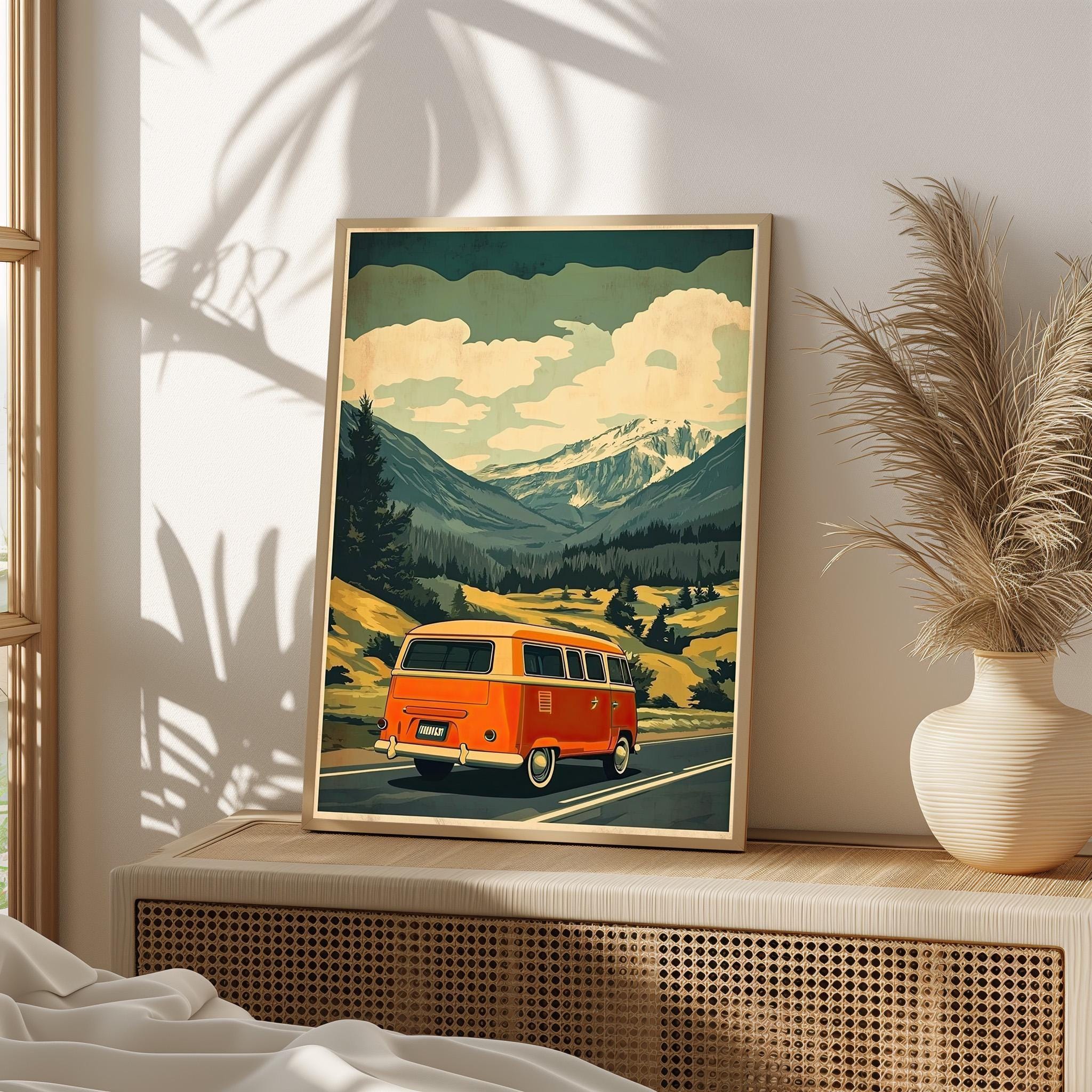 Vintage Camper Van Mountain Road Trip Art Print, Retro Travel