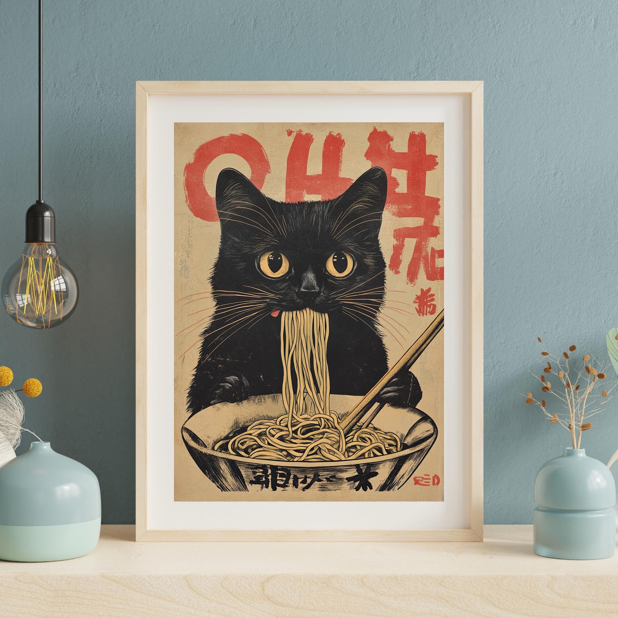 Poster Gatto Nero Con Ramen – Stampa Artistica Giapponese Per Cucina 40x60 Cm