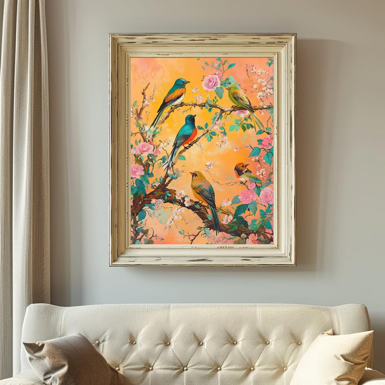 May include: A framed painting of five colorful birds perched on a blooming tree branch with pink flowers. The birds are a mix of blue, green, and yellow with black accents. The background is a soft orange.