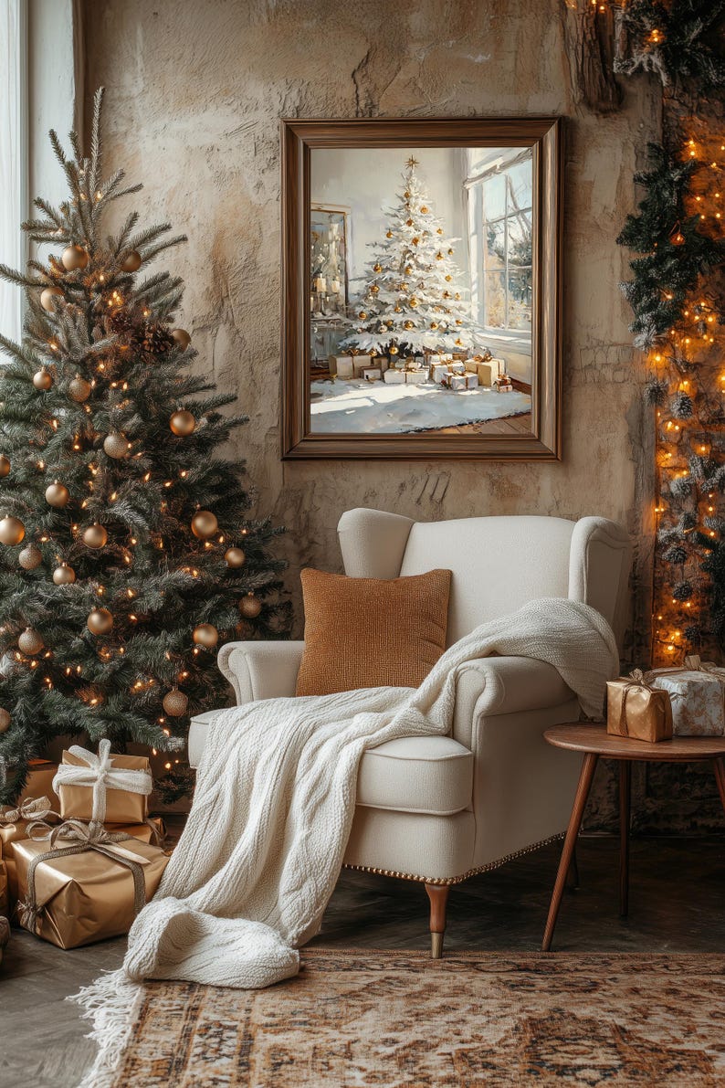Elegant White Christmas Tree With Gold Ornaments Printable Art ...