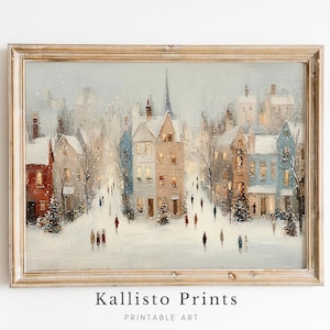 Winter Village Scene Print – Snowy Christmas Town Wall Art, Cozy Holiday Street Painting, Festive Winter Digital Download for Seasonal Decor