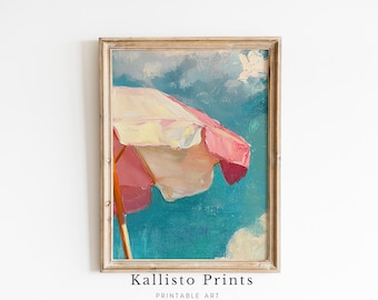 Vintage Beach Umbrella Painting Print, Coastal Wall Art Decor, Ocean Summer Vibes Printable /404