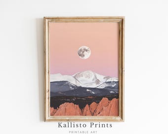 Impressão de Lua Cheia nas Montanhas Rochosas, Paisagem Desértica Celestial (Download Digital)