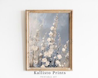 テクスチャのある花の絵画：青と白の花のボタニカルアート（デジタル 
