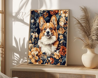 Corgi Floral Portrait Art Print, Cottagecore Decor (Digital Download)