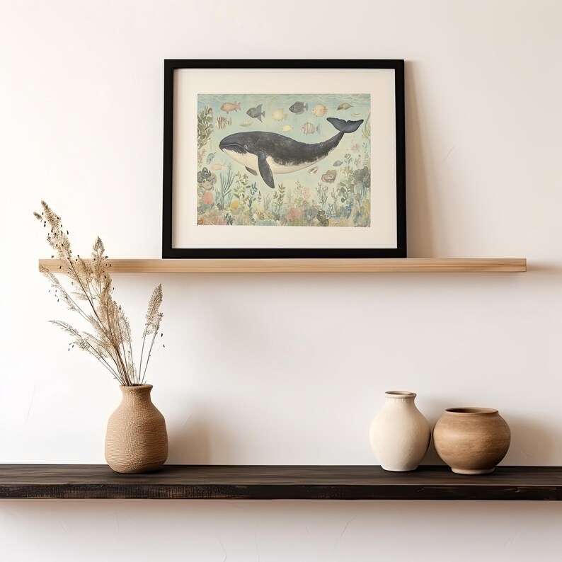 Lámina artística de ballenas y vida marina / Decoración costera oceánica (descarga digital) imagen 4