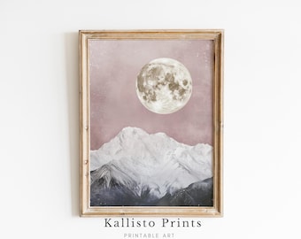 Impresión de montañas nevadas con luna llena, paisaje lunar celestial (descarga digital)