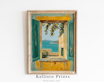 Mediterranean Window View Print, Coastal Sea View Art (Digital Download)