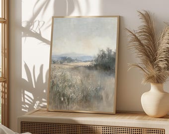 Misty Field Landscape Print, Vintage Style Countryside Art (Digital Download)