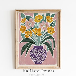 Impresión de jarrón floral vintage, arte de pared botánico, póster de flores moderno de mediados de siglo, descarga digital, decoración colorida para el hogar, 902