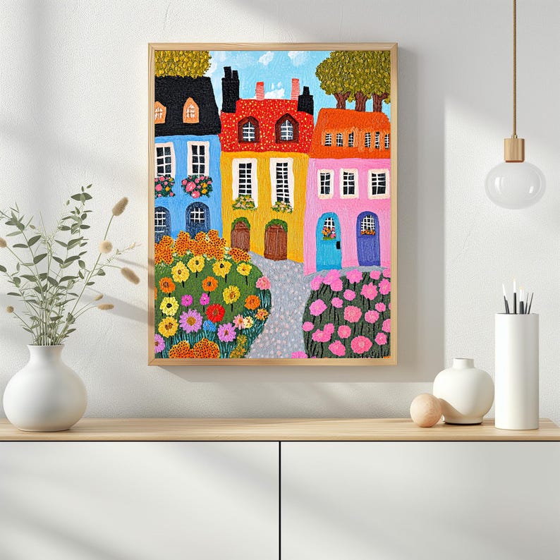Pu&ograve; includere: Un dipinto che rappresenta una fila di case colorate con giardini di fiori di fronte a loro. Le case sono dipinte in tonalit&agrave; di blu, giallo, rosa e verde. I fiori sono un mix di giallo, arancione, rosa e rosso.