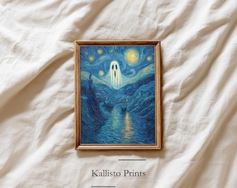 Ghost in Starry Night Printable – Halloween Van Gogh Style Art (Digital Download)