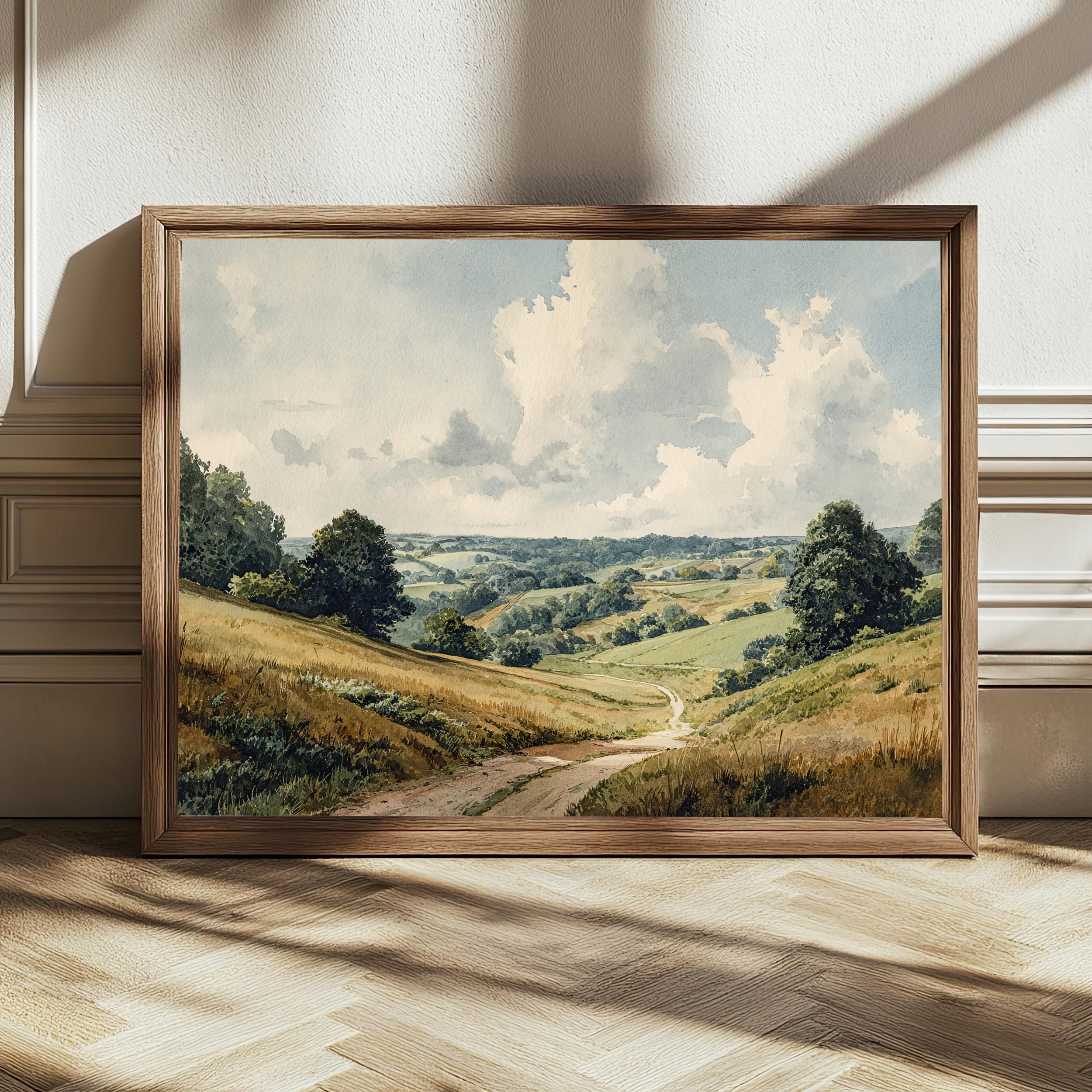 風景の水彩画 (田園風景)額入り なだらかな丘陵の風景画 - 田園風景の水彩画（デジタルダウンロード