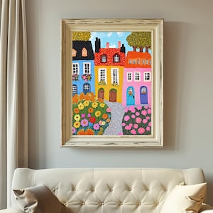 Pu&ograve; includere: Un dipinto di case colorate con fiori davanti a loro. Le case sono dipinte in tonalit&agrave; di blu, giallo, rosa e rosso. I fiori sono in tonalit&agrave; di rosa, giallo e arancio.