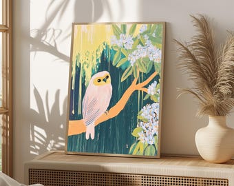 Lámina artística de búho pintada a mano / Decoración de pared botánica estilo cottagecore (descarga digital)