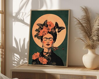 May include: A digital art print featuring a portrait of Frida Kahlo with flowers and butterflies in her hair. The background is a dark green with a large, pale orange circle behind her.