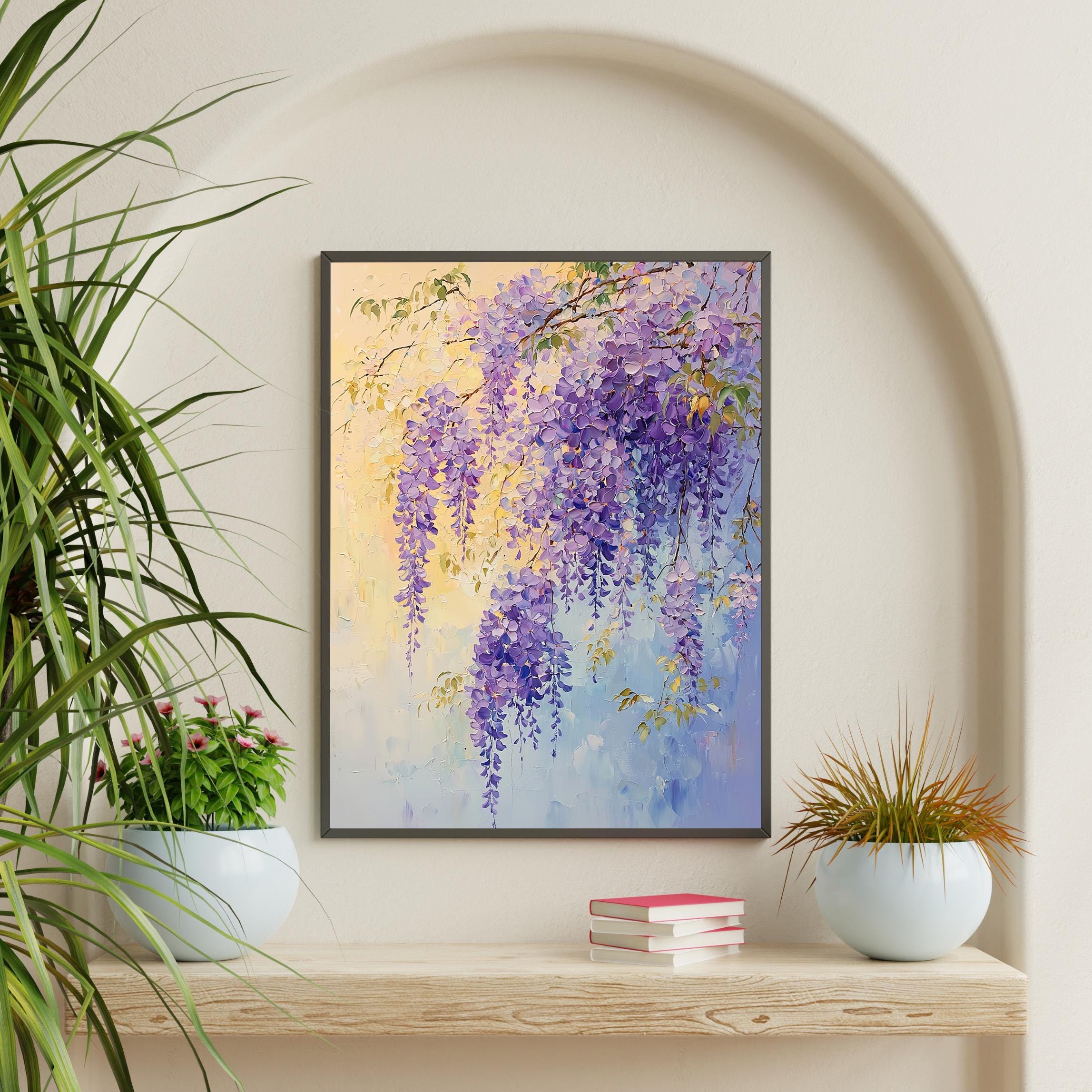 紫の藤の花柄プリント、パステルカラーのボタニカルウォールアート