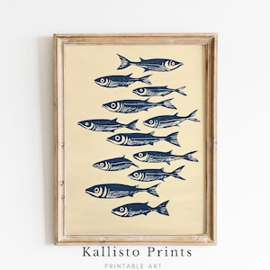 Modern Nautical Fish Print Download – Minimalist Coastal Wall Art with Blue School of Fish for Beach House or Ocean Decor 1215