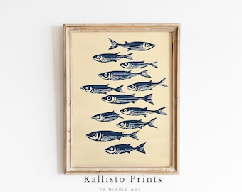 Impressão Cardume Azul de Peixes – Arte de Parede Náutica Minimalista (Download Digital)