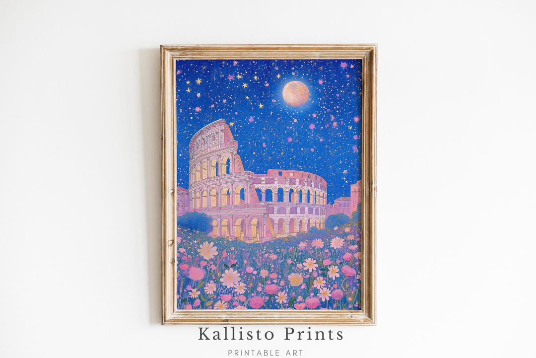Rome Colosseum Art Print, Celestial Night Sky Illustration, Dreamy ...