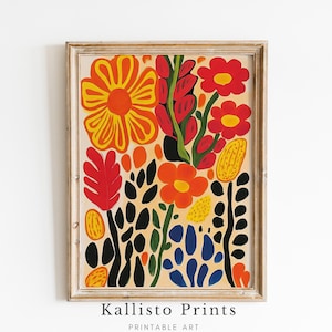 Peut inclure: Une impression encadrée représentant un motif floral abstrait coloré avec des fleurs et des feuilles rouges, orange, jaunes et bleues sur un fond crème. L'impression est intitulée "Kallisto Prints Printable Art".