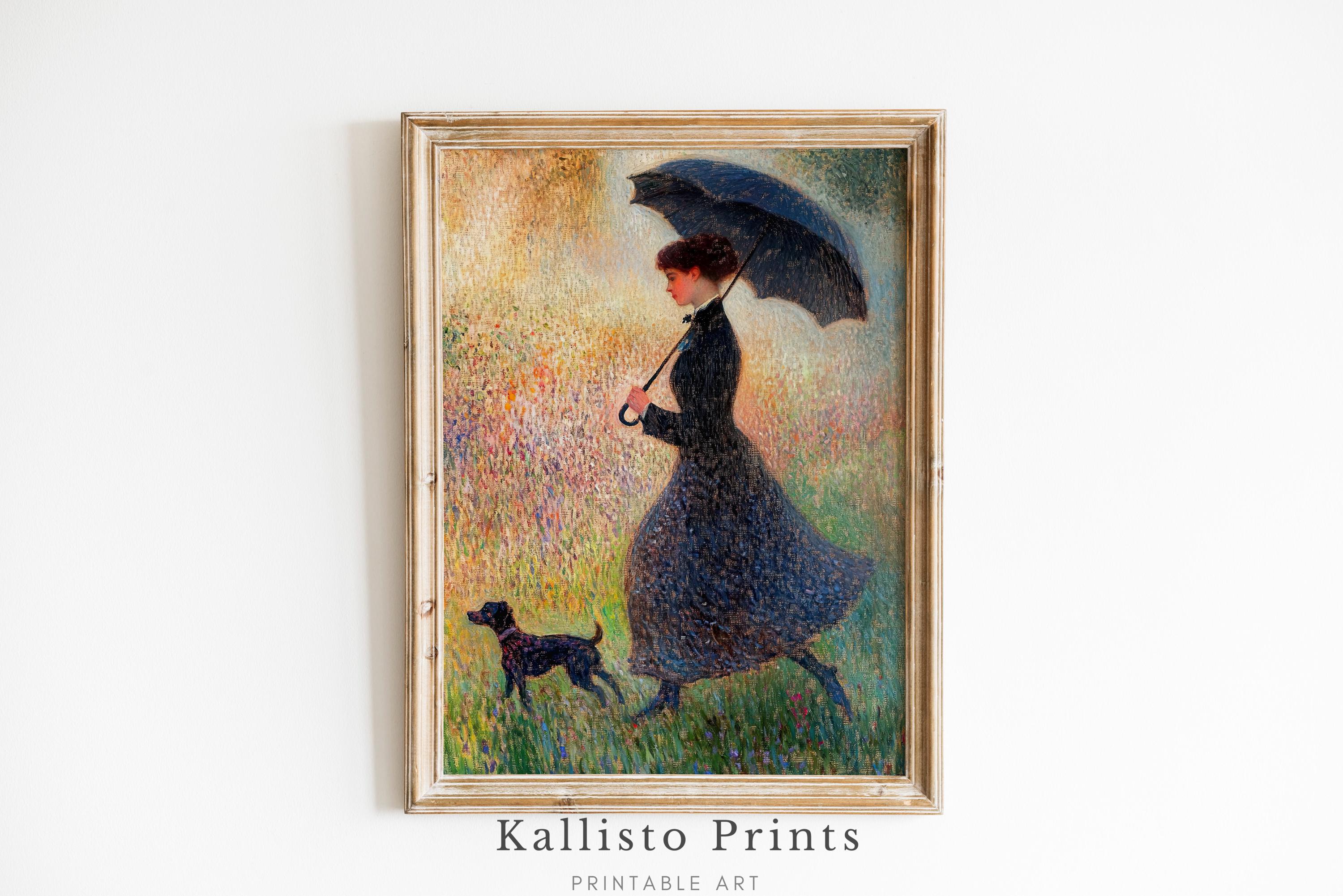 ヴィンテージフランス印象派版画「犬と傘を持つ女性」（デジタル