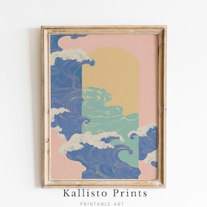Op de afbeelding: Een ingelijst drukwerk met een kleurrijk abstract ontwerp met blauwe, groene, gele en roze golven. De print is getiteld "Kallisto Prints" en bevat de tekst "Printable Art".