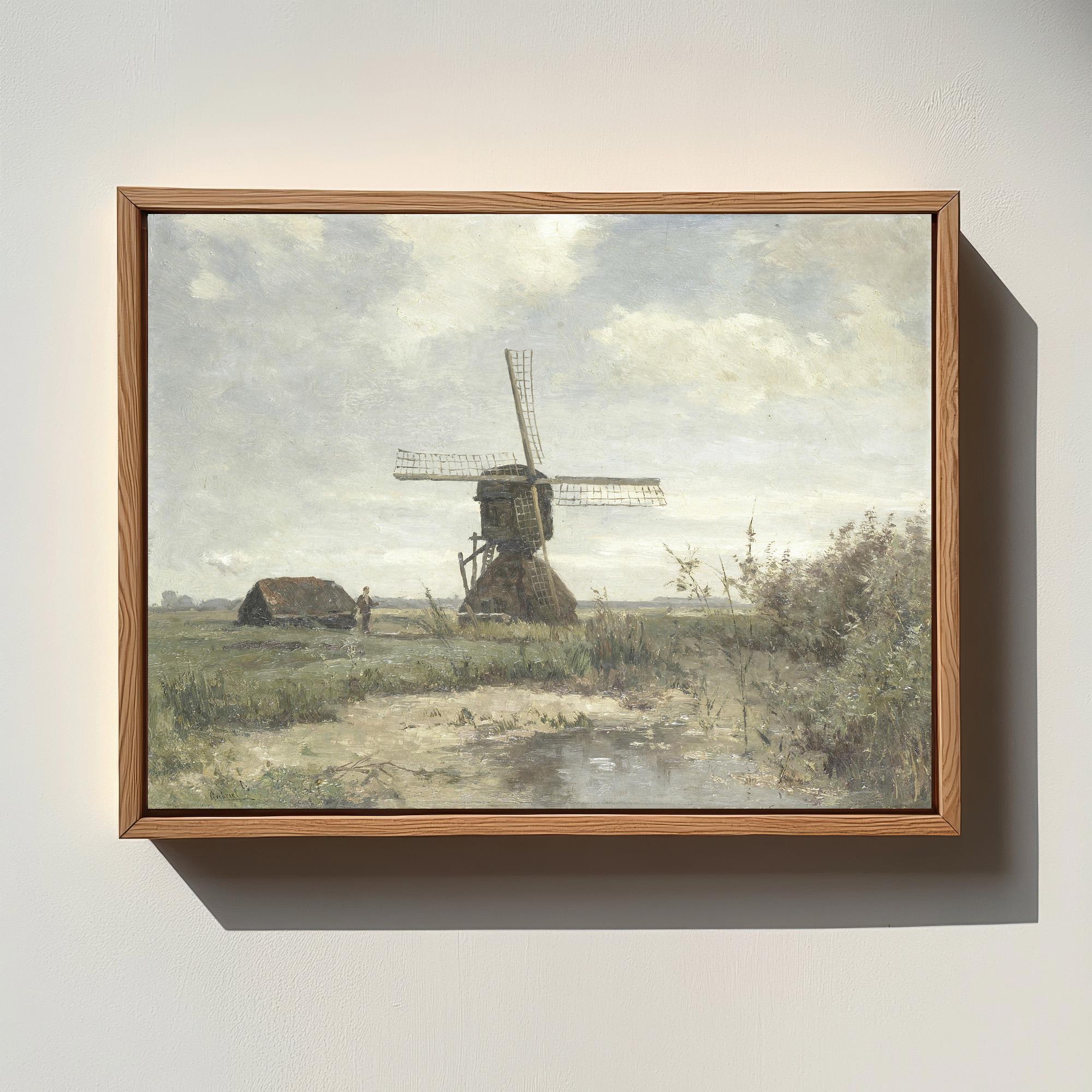 ARTZIO Bauernhaus Ölgemälde Gerahmt – Windmühle Im Reisfeld, Vintage Landschaftsbild 20x25 Cm, Fertig Zum Aufhängen