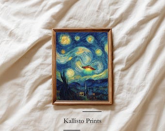 Starry Night UFO Art Print – Van Gogh Style Sci-Fi (Digital Download)