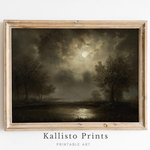 May include: A framed landscape painting depicts a moonlit night scene. The artwork features a full moon shining through dark, cloudy skies, illuminating a body of water and silhouetted trees. The frame is a light brown color. The text "Kallisto Prints Printable Art" is at the bottom.