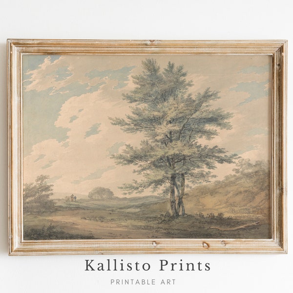 Serene Countryside Landscape Print, Classic Pastoral Scene with Solitary Tree, Timeless Nature Art